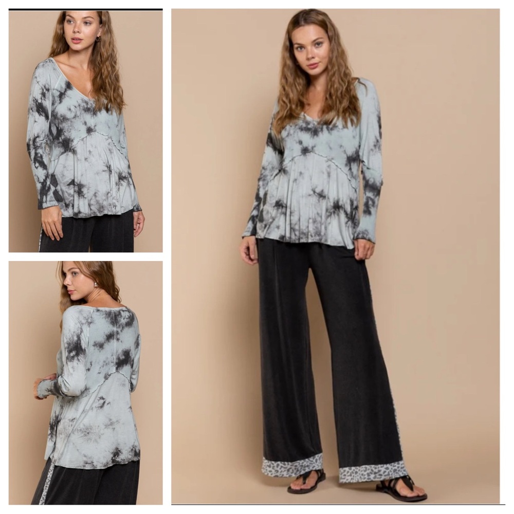 Pol Grey Tie Dye Long Sleeve Jersey Knit Babydoll Top Size S